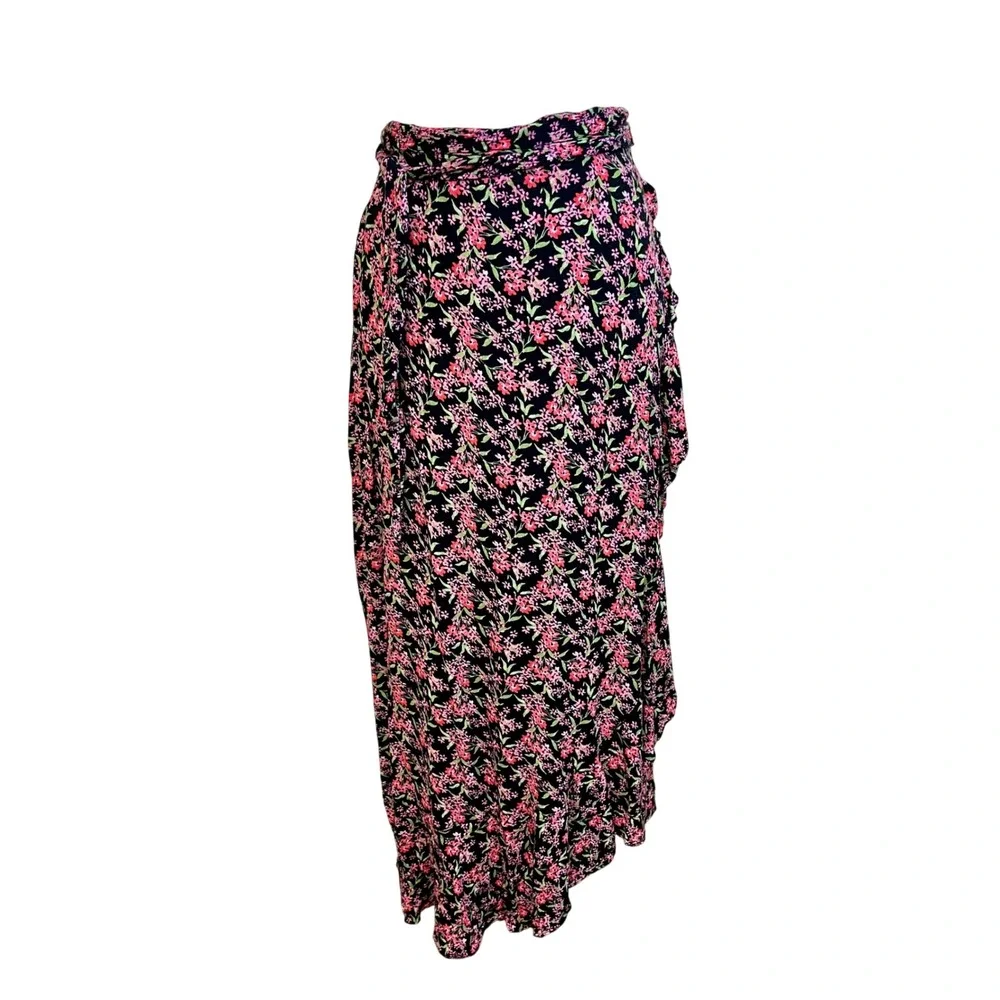 Vintage MARONIE Black Pink Floral Wrap Maxi Skirt Cottage Coquette Romantic‎ Y2K